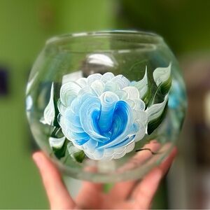 Vintage Blue Floral Hand Painted Glass Vase Indoor Planter Home Decor Art